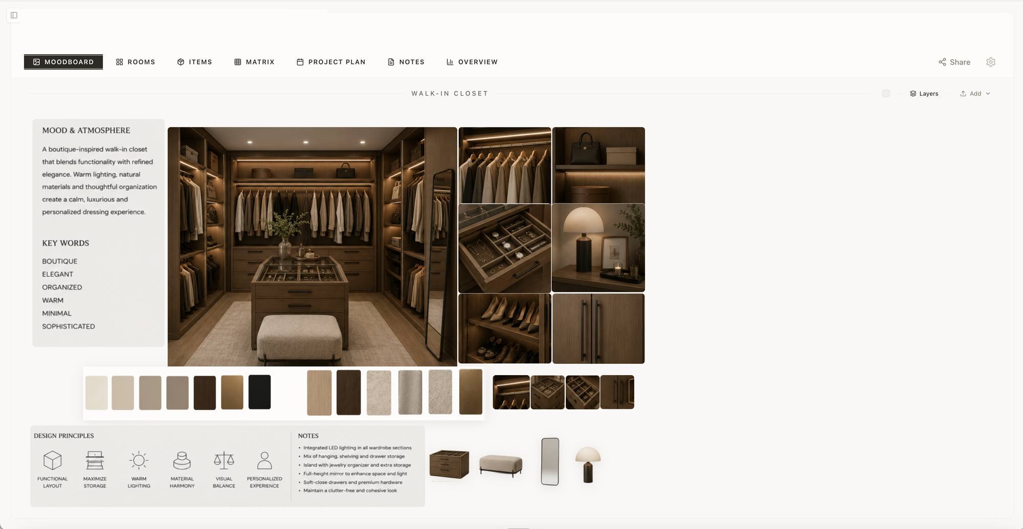 Spectura moodboard — walk-in wardrobe with warm timber joinery