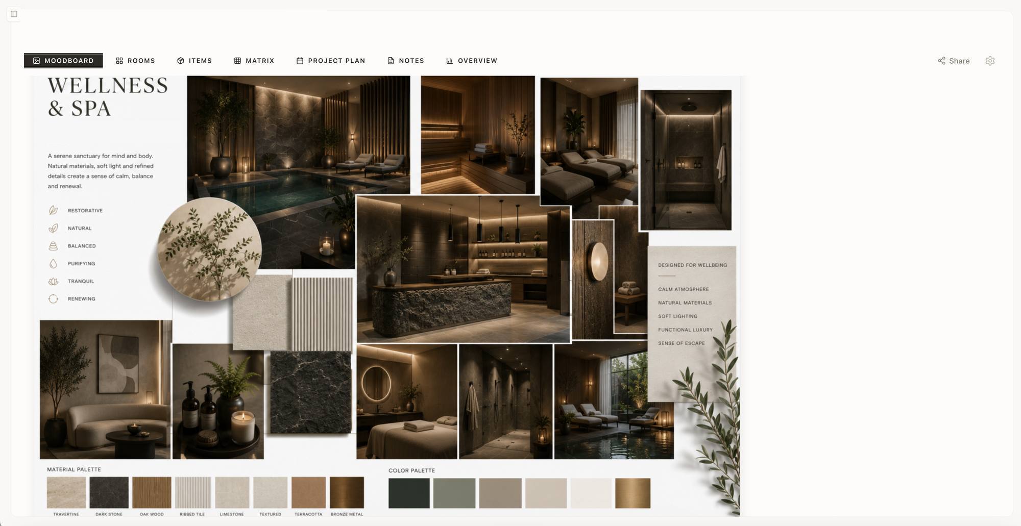 Spectura moodboard — wellness and spa scheme with dark stone, timber and warm lighting