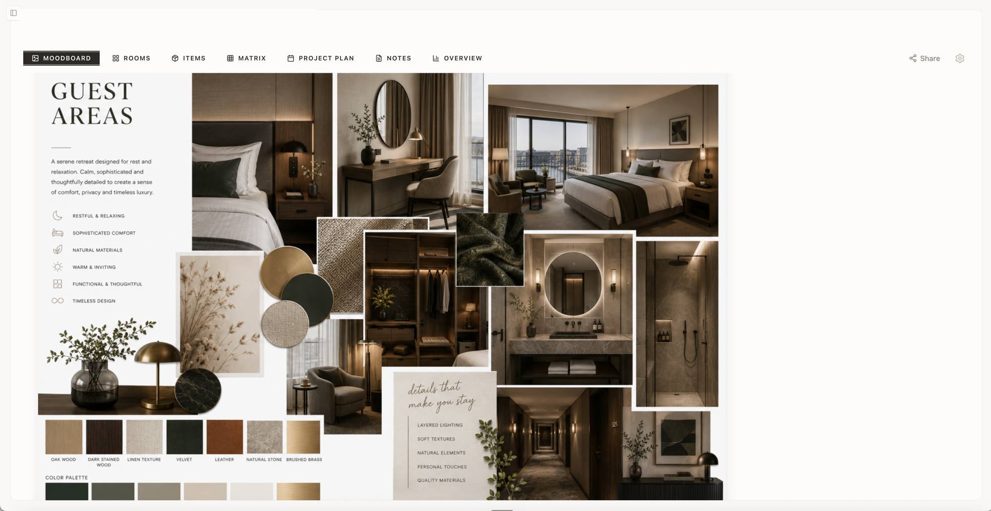 Spectura moodboard — hotel guest suite scheme with layered textiles